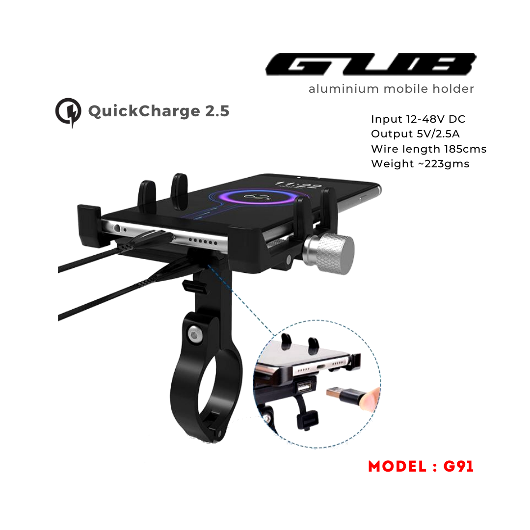 GUB G91 Aluminium Handlebar Mobile Holder with Quick Charger 2.5A