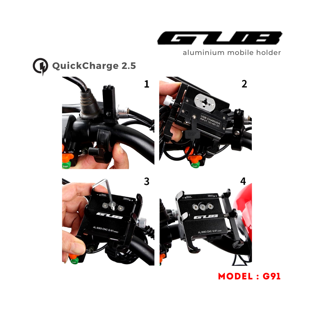 GUB G91 Aluminium Handlebar Mobile Holder with Quick Charger 2.5A