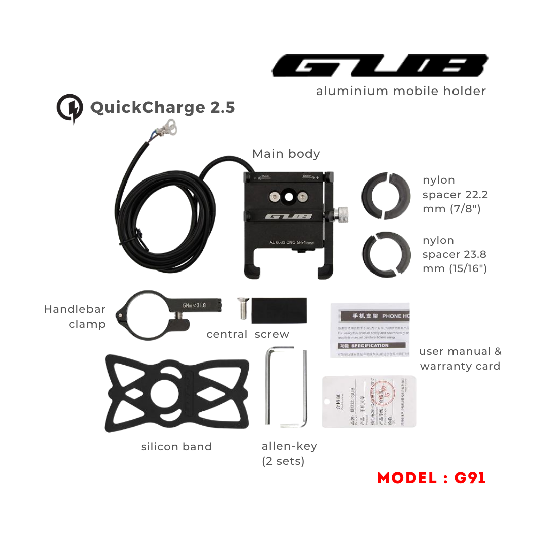 GUB G91 Aluminium Handlebar Mobile Holder with Quick Charger 2.5A