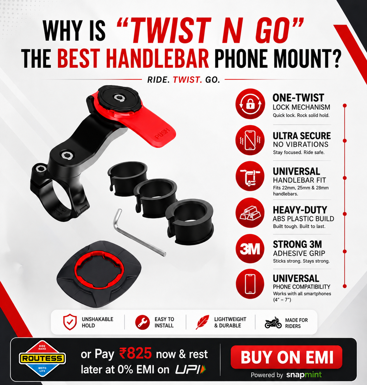 Twist n Go Handlebar Phone Mount, Universal Adapter and Vibration Dampener