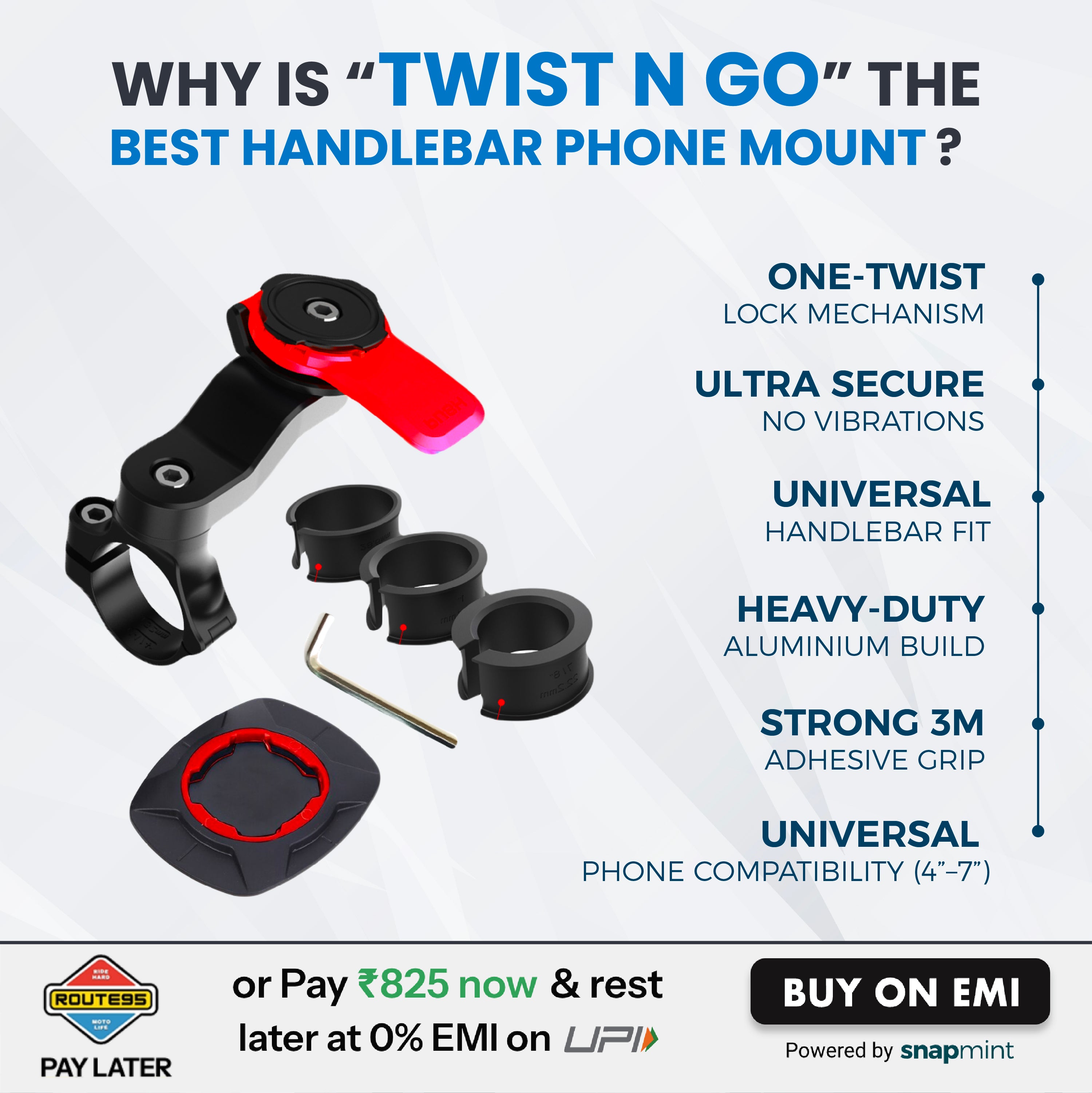 HANDLEBAR PHONE MOUNT & UNIVERSAL ADAPTER for TWIST & GO Phone Mount
